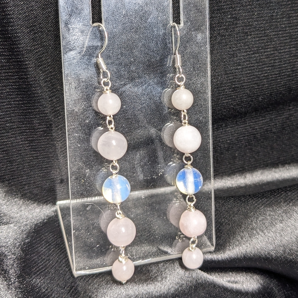ROSE QUARTZ & MOONSTONE Earrings Dangle Long Handmade Crystal Beads Pink Cute - Picture 10 of 11